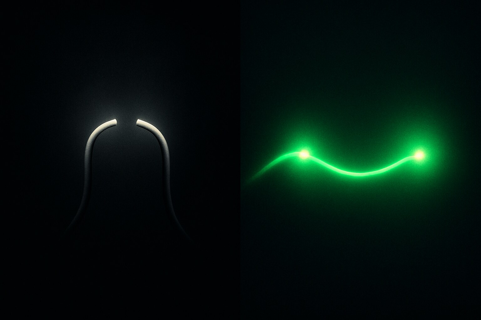 A severed cord fading into darkness versus a bright green thread connecting two glowing points