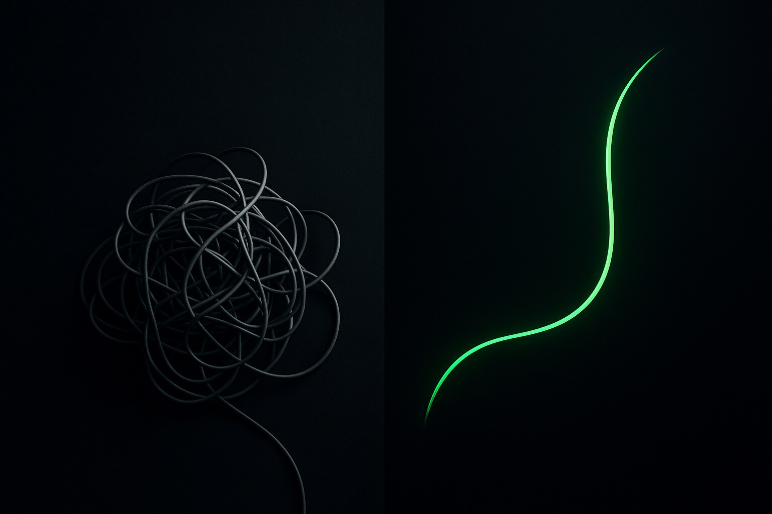 A tangled gray knot of wires on the left resolving into a single flowing green line on the right — the before and after of a transformation.